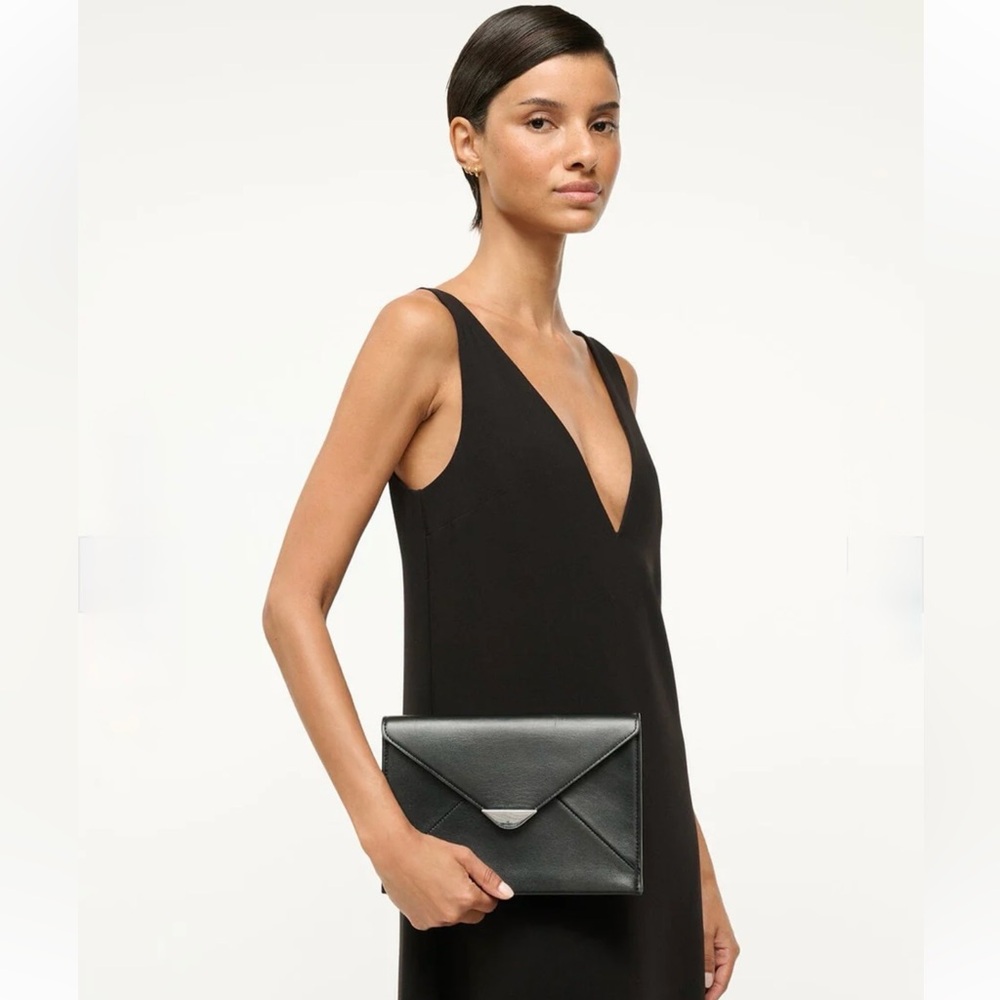 Staud Marcella Black Leather Envelope Clutch /Shoulder Bag w Silver Accents NWT